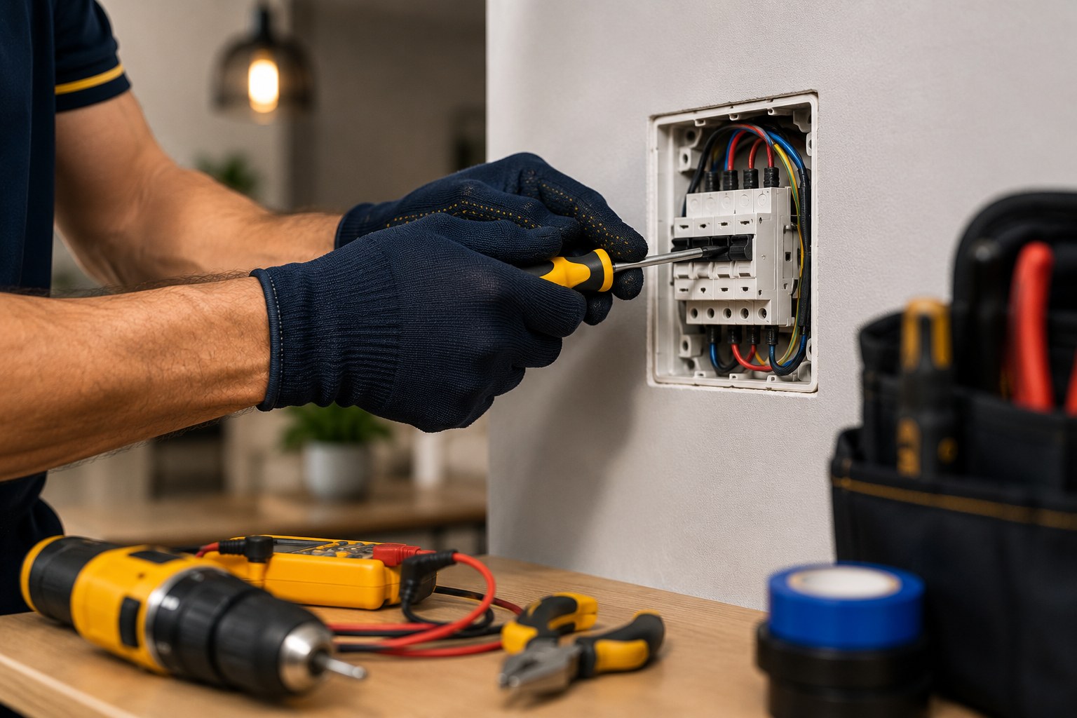 Profissional realizando pequeno reparo elétrico residencial