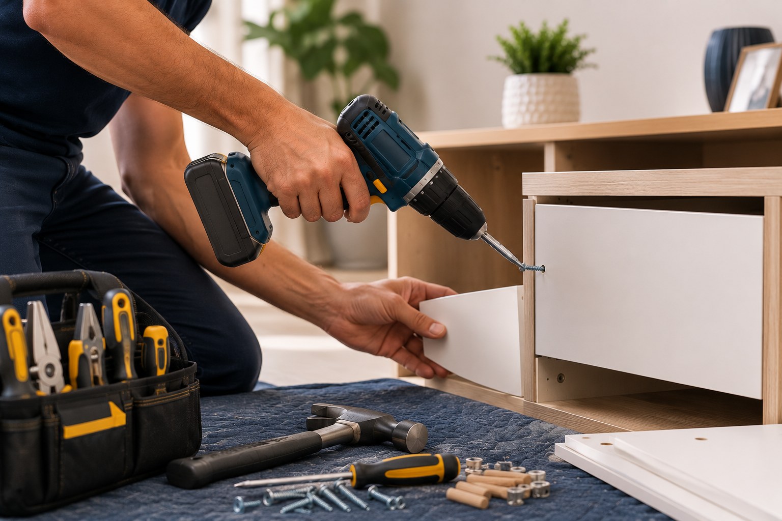 Profissional realizando montagem de móvel residencial